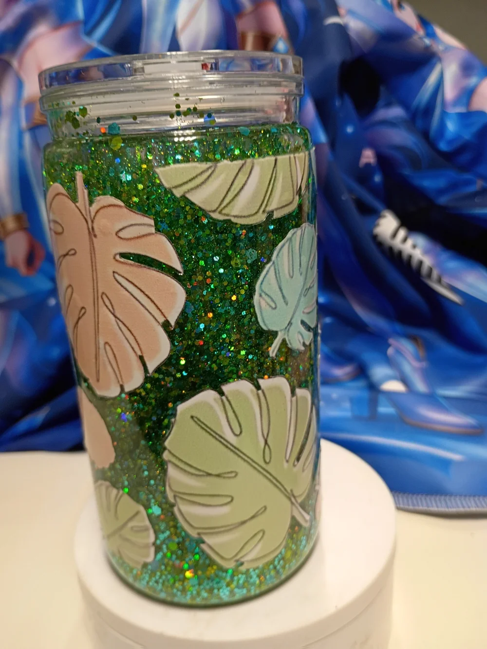Handmade Tropical Leaf Glitter Tumbler - Green & Peach